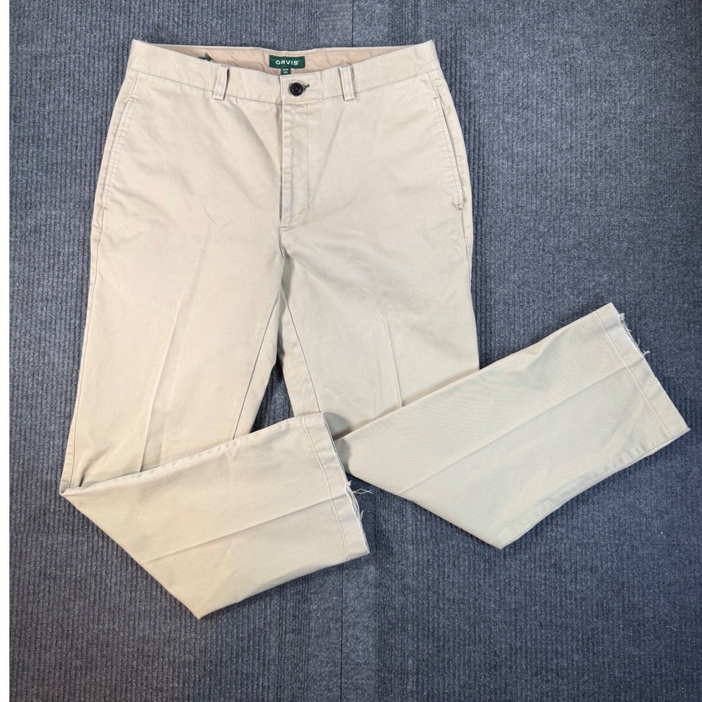 Orvis Mens Ultimate Khakis Tan Cotton Twill Chino Pants 35x30 Flat Front